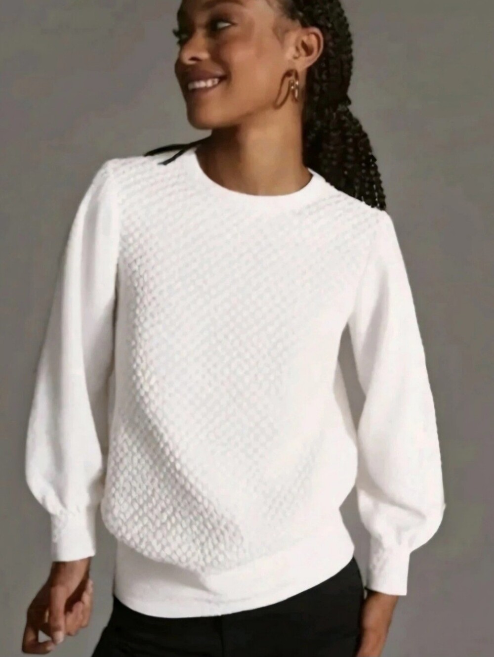PORRIDGE Anthropologie Textured Sweatshirt Style Top Mixed Media Cream/White 1X